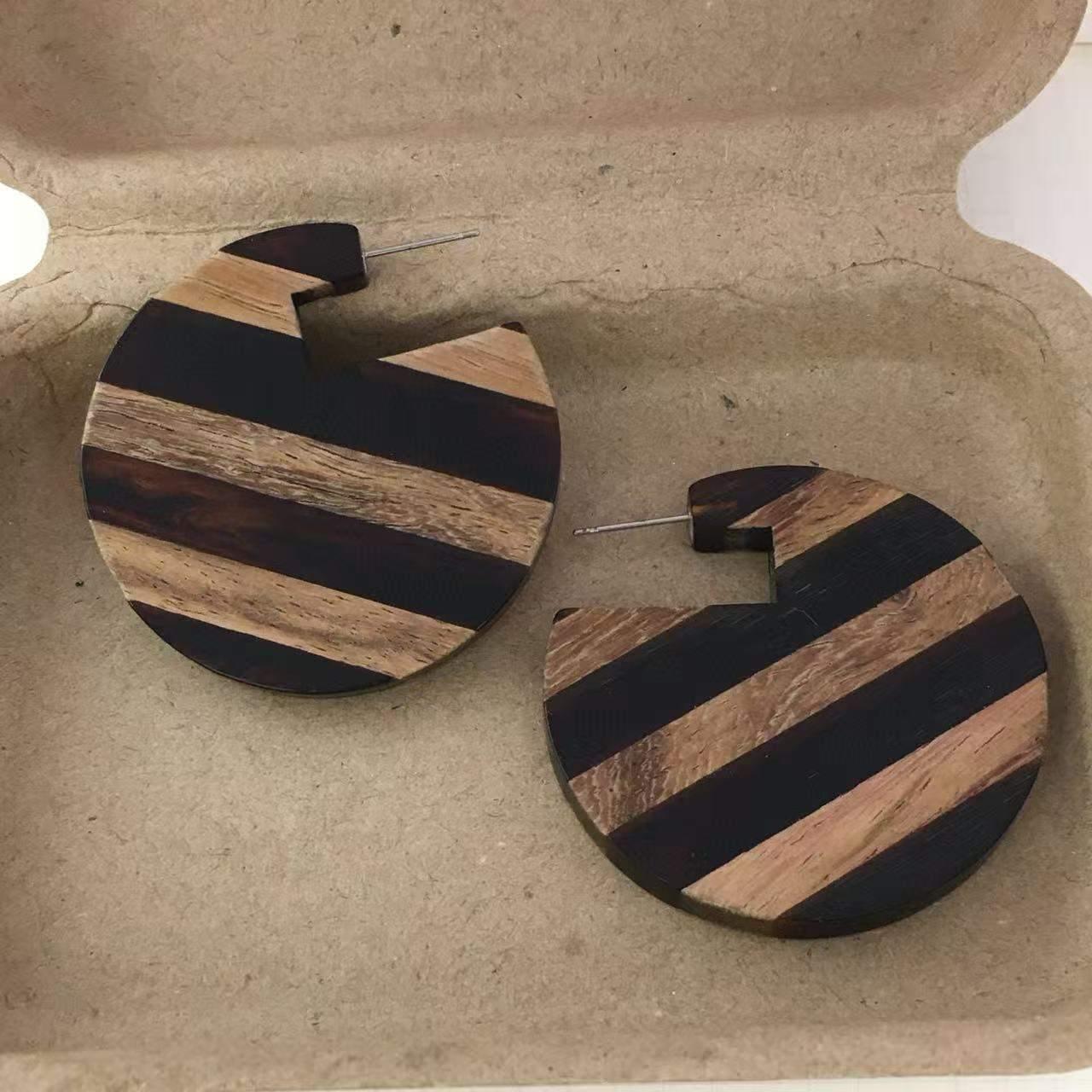Modern Wooden Earrings With a Striped Pattern
